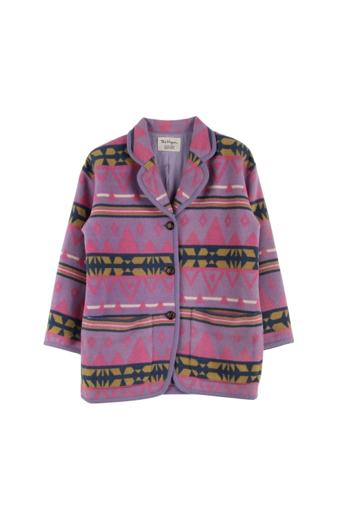 JAPAN (Woman - M) 울 혼방 배색 에스닉 패턴 라운드 카라 레더 버튼 코트